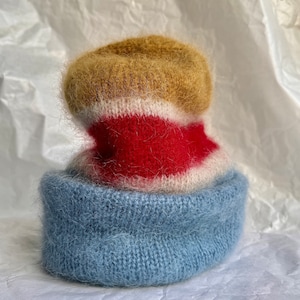 Fluffy mohair silk hat - thick and warm - colourful blue red mustard ecru stripes - reversible hat - made to order - chunky mohair beanie