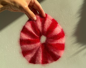Pink red striped mohair scrunchie - cute hair accessory - colourful scrunchie - women&#39;s hair accessory