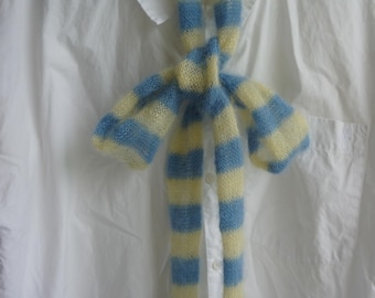 Small skinny fluffy mohair silk scarf - soft thin knitted scarf - light blue yellow stripes - versatile decoration - ribbon - bow