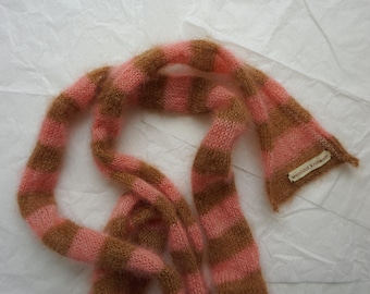 Small skinny fluffy mohair silk scarf - soft thin knitted scarf - brown pink stripes - versatile decoration - ribbon - mohair bow