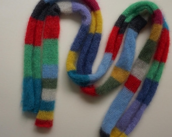 Skinny fluffy mohair silk scarf - thin and long - multicolored - natural yarn - versatile accessory - soft knitted scarf - very colorful