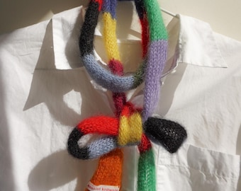 Small skinny fluffy mohair silk scarf - soft thin knitted scarf - multicolored stripes - versatile decoration - tiny scarf
