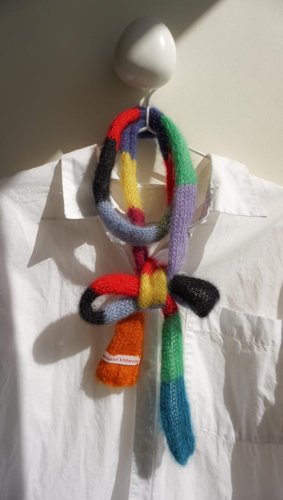 Small skinny fluffy mohair silk scarf - soft thin knitted scarf - multicolored stripes - versatile decoration - tiny scarf