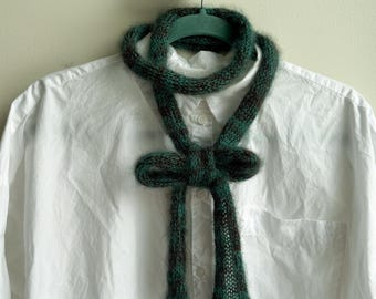 Small skinny fluffy mohair silk scarf - soft thin knitted scarf - melange brown and aquamarine combo - versatile decoration