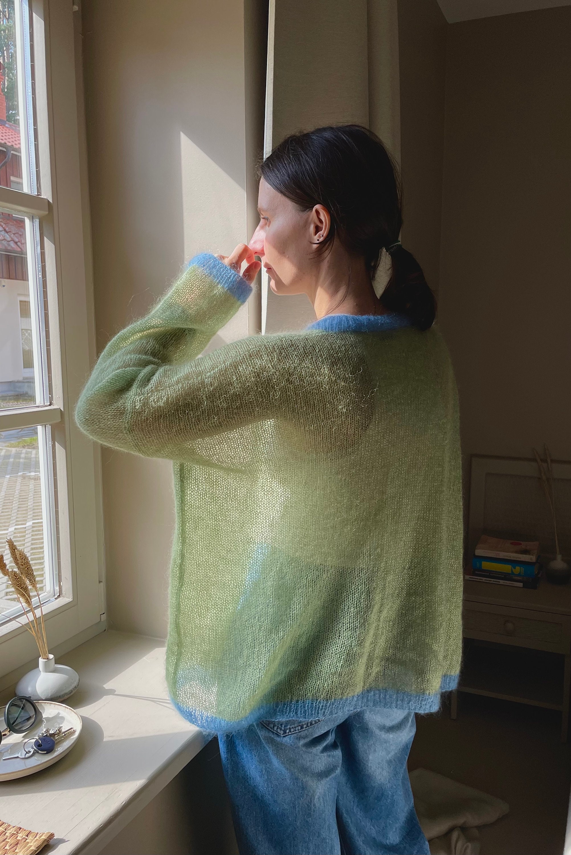 Green Fluffy Mohair Silk Cardigan With Blue Edges - Loose
