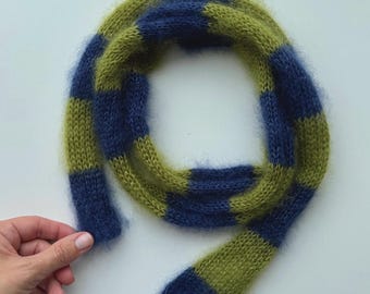 Small skinny fluffy mohair silk scarf - soft thin knitted scarf - blue green stripes - versatile decoration -  mohair bow - tiny scarf