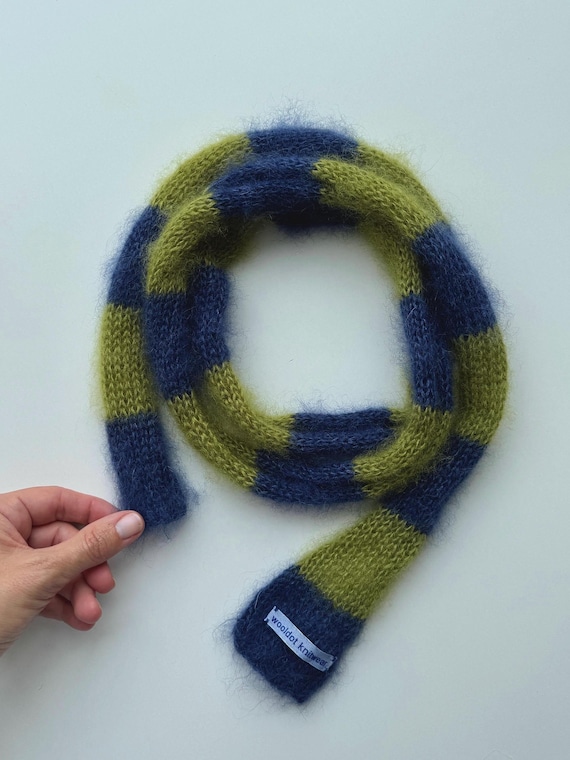 Small skinny fluffy mohair silk scarf - soft thin knitted scarf - blue green stripes - versatile decoration -  mohair bow - tiny scarf