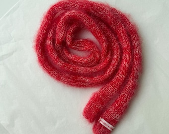 Small skinny fluffy mohair silk scarf - soft thin knitted scarf - melange red and white combo - versatile decoration - small scarf