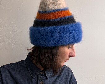 Fluffy mohair silk hat - thick and warm - colourful blue orange black ecru stripes - reversible hat - ready to ship - chunky mohair beanie