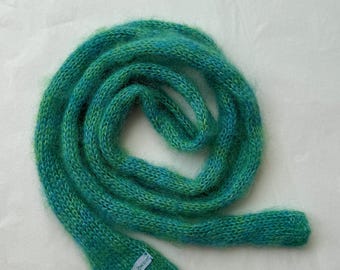 Small skinny fluffy mohair silk scarf - soft thin knitted scarf - melange green and light blue combo - versatile decoration