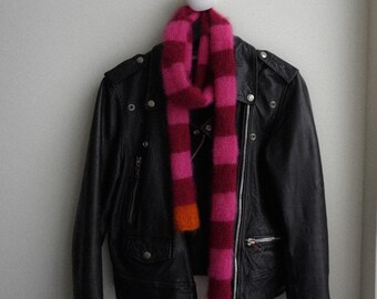 Slim fluffy mohair silk scarf - knitted scarf - pink and bordo stripes with orange detail