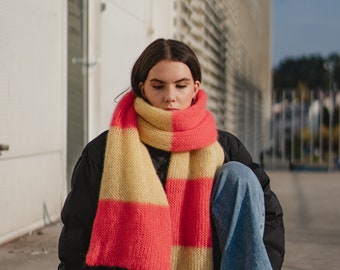 Großer langer Mohair Seidenschal bunte Streifen - gelb und hellrosa