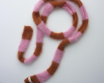 Small skinny fluffy mohair silk scarf - soft thin knitted scarf - pink rust stripes - versatile decoration -  mohair bow - tiny scarf