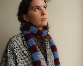 Slim fluffy knitted mohair silk scarf  - blue and dark bordeaux stripes