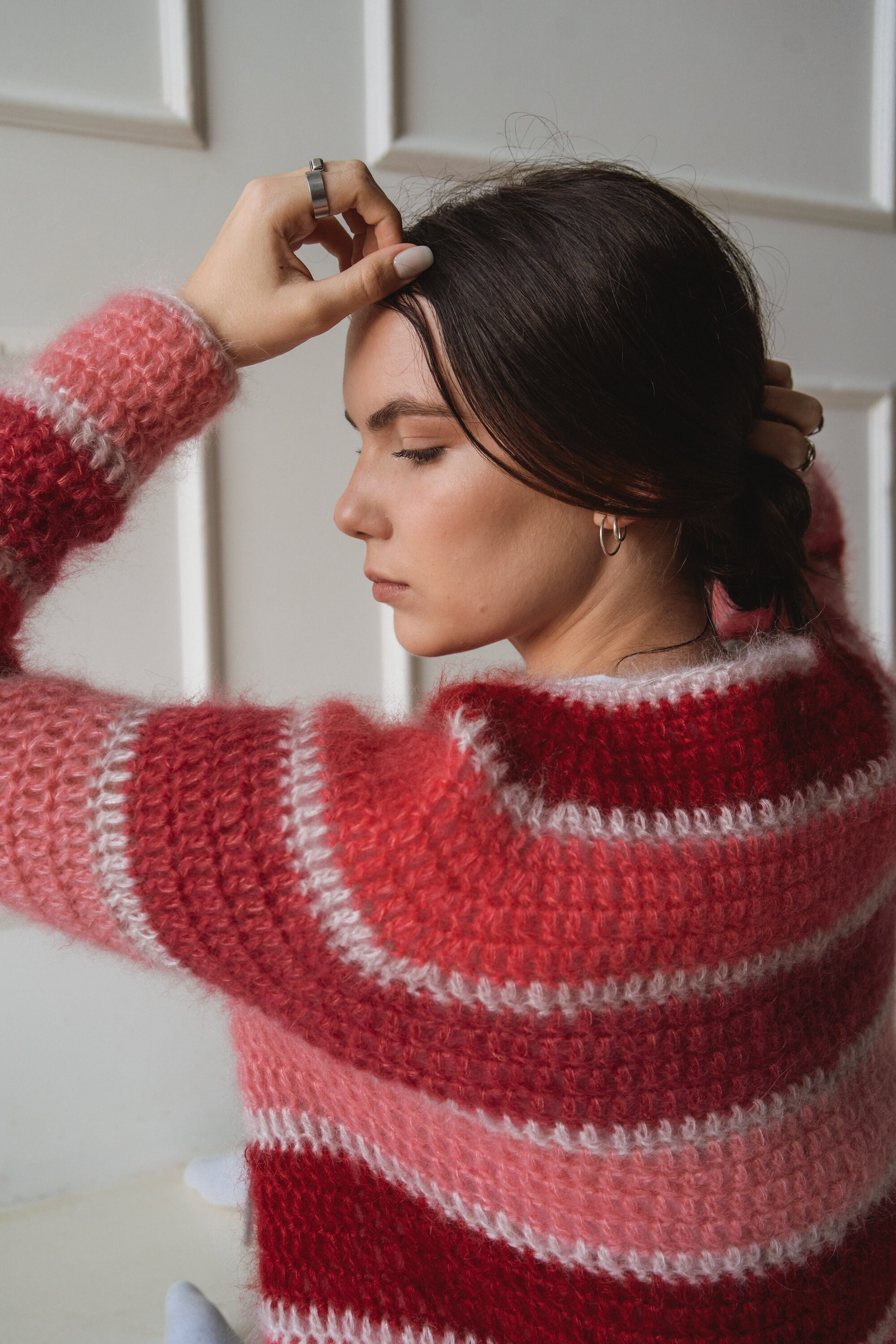 Pink Red Striped Mohair Silk Crochet Sweater Handmade - Etsy