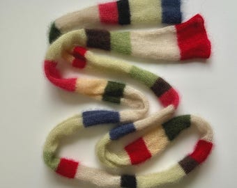 Skinny fluffy mohair silk scarf - thin and long - multicoloured - natural yarn - versatile accessory - soft knitted scarf -