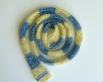 Small skinny fluffy mohair silk scarf - soft thin knitted scarf - light blue and butter yellow stripes - versatile decoration - small scarf