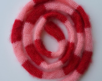 Small skinny fluffy mohair silk scarf - soft thin knitted scarf - pink red stripes - versatile decoration -  mohair bow - cute scarf