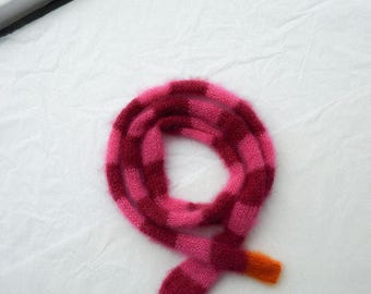 Small skinny fluffy mohair silk scarf - knitted scarf - pink and bordo stripes - versatile decoration - small scarf