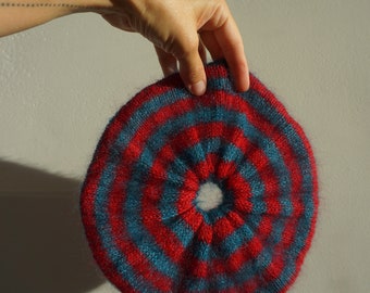 Red and teal striped mohair scrunchie - hair accessory - colourful scrunchie - women&#39;s hair tie - oversized scrunchie