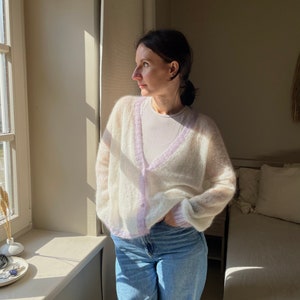 White fluffy mohair silk cardigan with purple edges - loose thin summer sweater - light knitwear - relaxed fit v cardigan - ready to ship