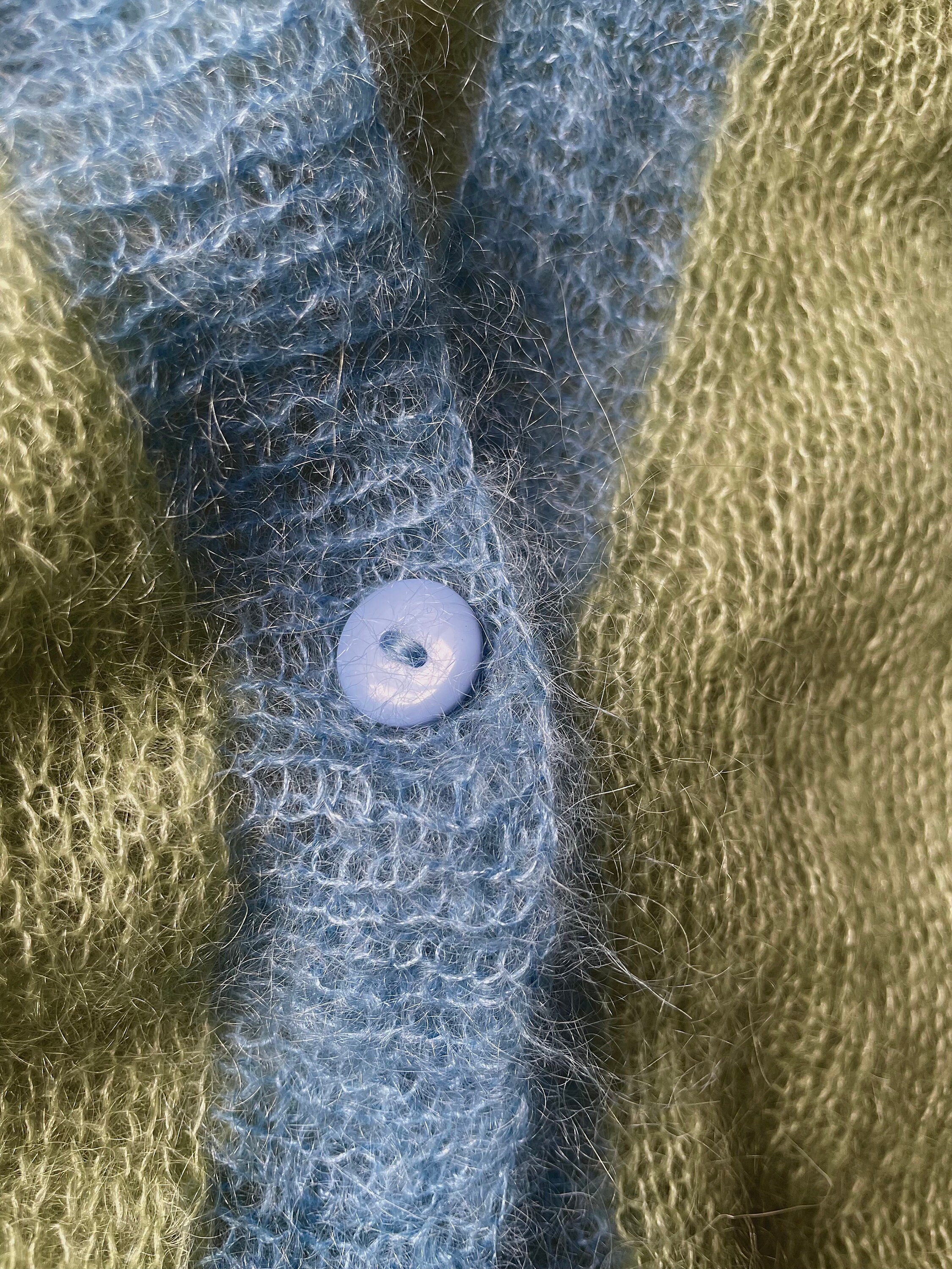 Green Fluffy Mohair Silk Cardigan With Blue Edges - Loose Green Fluffy Mohair Silk Cardigan With Blue Edges - Loose