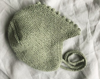 Knitted baby bonnet with bubbles - mint colour - alpaca silk wool - with straps - MADE to ORDER