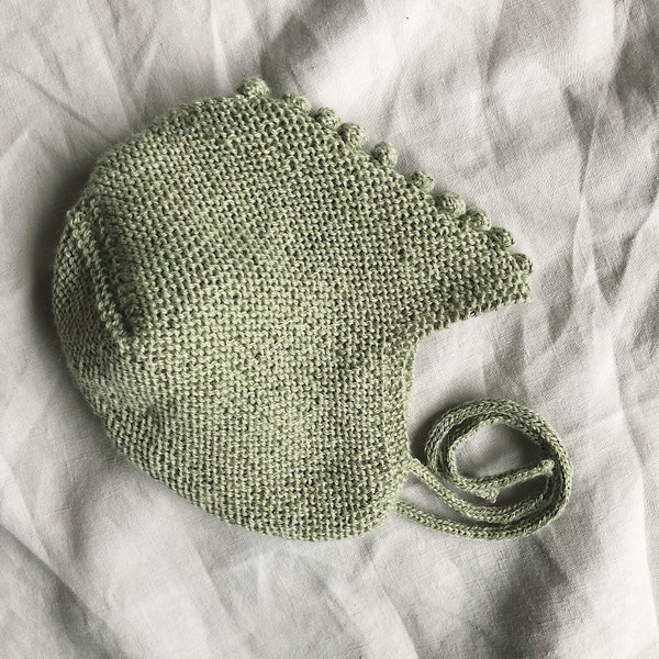 Knitted baby bonnet with bubbles - mint colour - alpaca silk wool - with straps - MADE to ORDER