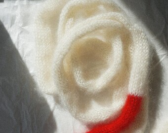 Hand Knitted Mohair Silk Scarf – Natural White with Red Detail, Soft Skinny Accessory