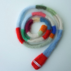 Small skinny fluffy mohair silk scarf - soft thin knitted scarf - multicolored stripes - versatile decoration -  mohair bow - tiny scarf