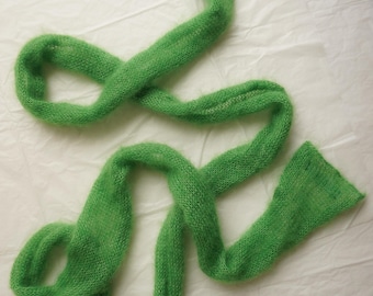Small skinny fluffy mohair silk scarf - soft thin knitted scarf - bright green - versatile decoration - ribbon - mohair bow