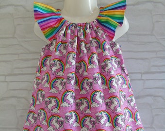 Girls Unicorns dress baby's dress toddler dress Rainbow dress girls clothing kids outfit flutter sleeves summer dress Birthday Party dress