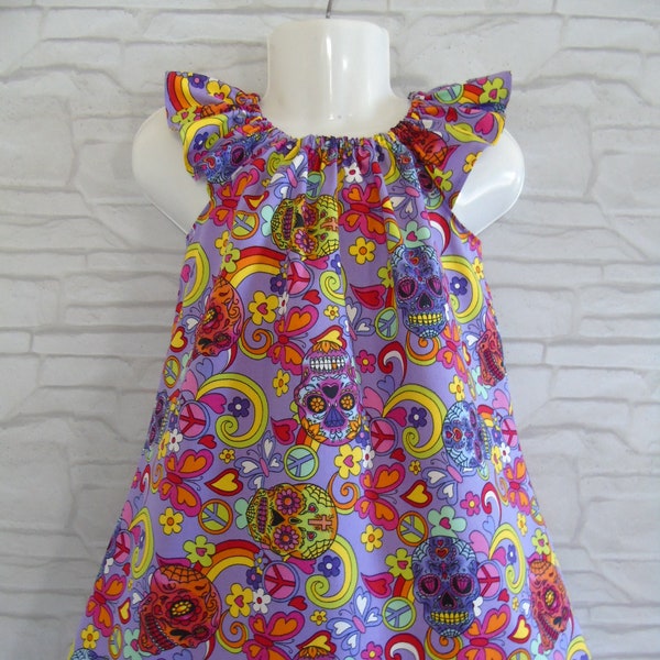 Girls Skulls dress floral dress toddler dress child's dress kids clothes girls clothing purple flutter sleeves summer dress handmade dress