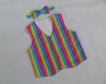 Boys Rainbow outfit, Rainbow stripes waistcoat and bow tie set, baby's toddler children's rainbow set, Celebration clothing, birthday outfit