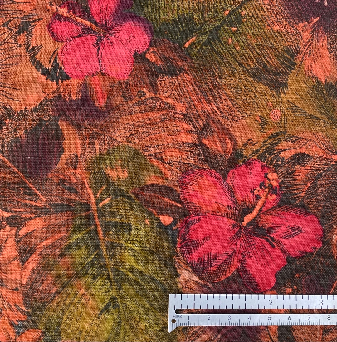 Flower Power Raspberry Fabric Floral Cotton Fabric: Raspberry Pink Hibiscus, Peach Brown Woven ...
