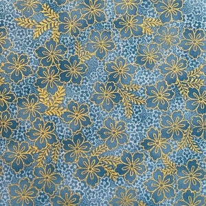 Gold flowers pop on a blue tonal background, woven cotton fabric, quilt shop quality, sold by the yard, in stock and ready to ship