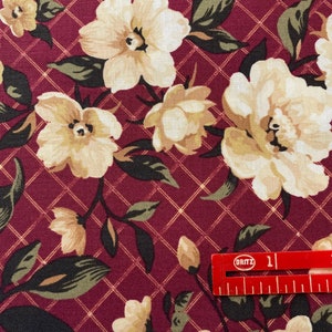 Burgundy Floral Cotton Fabric: Cream Flowers, Quilting Fabric