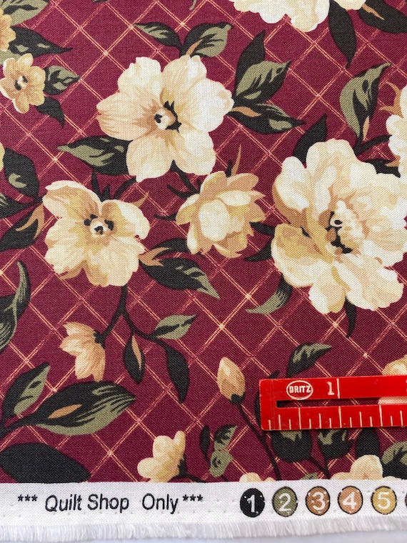 Burgundy Floral Cotton Fabric: Cream Flowers, Quilting Fabric