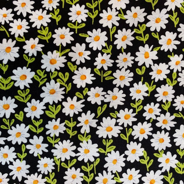 Dainty white daisy on black background, woven 100% cotton fabric, sold by the yard, in stock, ready to ship