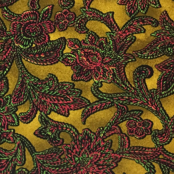 Tapestry look fabric in shades of red gold and green on mustard tonal background. Sold as yardage, woven quilters cotton, ready to ship!