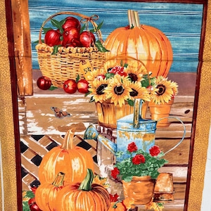 Autumn Harvest Cotton Fabric Panel: Pumpkins, Apples, Sunflowers