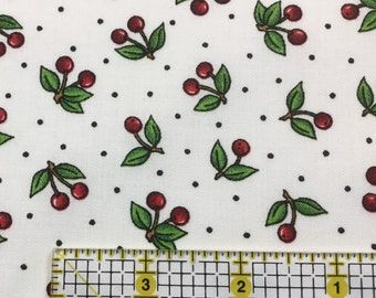 Quilting cotton fabric, cherries, stems and leaves on white background, quilt shop quality, sold as yardage, in stock and ready to ship!