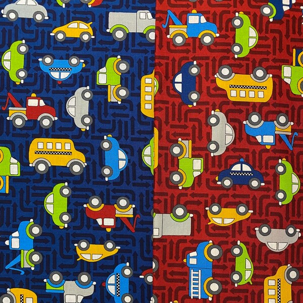 Cheerful primary print fabric features cars and trucks, 100% woven cotton, sold as yardage, quilt shop quality, in stock and ready to ship!