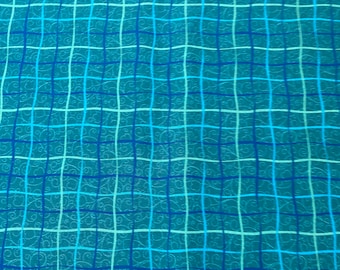 Teal Blue Green Plaid Cotton Fabric: Woven Floating Screen Print
