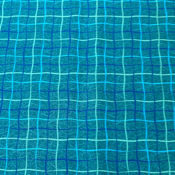 Teal blue green geometric loose plaid, floating screen, woven cotton fabric, sold as yardage, in stock and ready to ship
