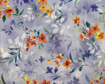 Floral Cotton Fabric: Watercolor Orange, Yellow, and Purple