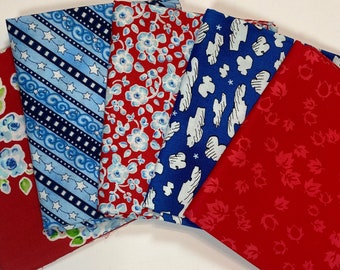 Reduced! Fat quarter bundle in blues and reds, 5 different prints, woven cotton, quilt shop quality, in stock and ready to ship!