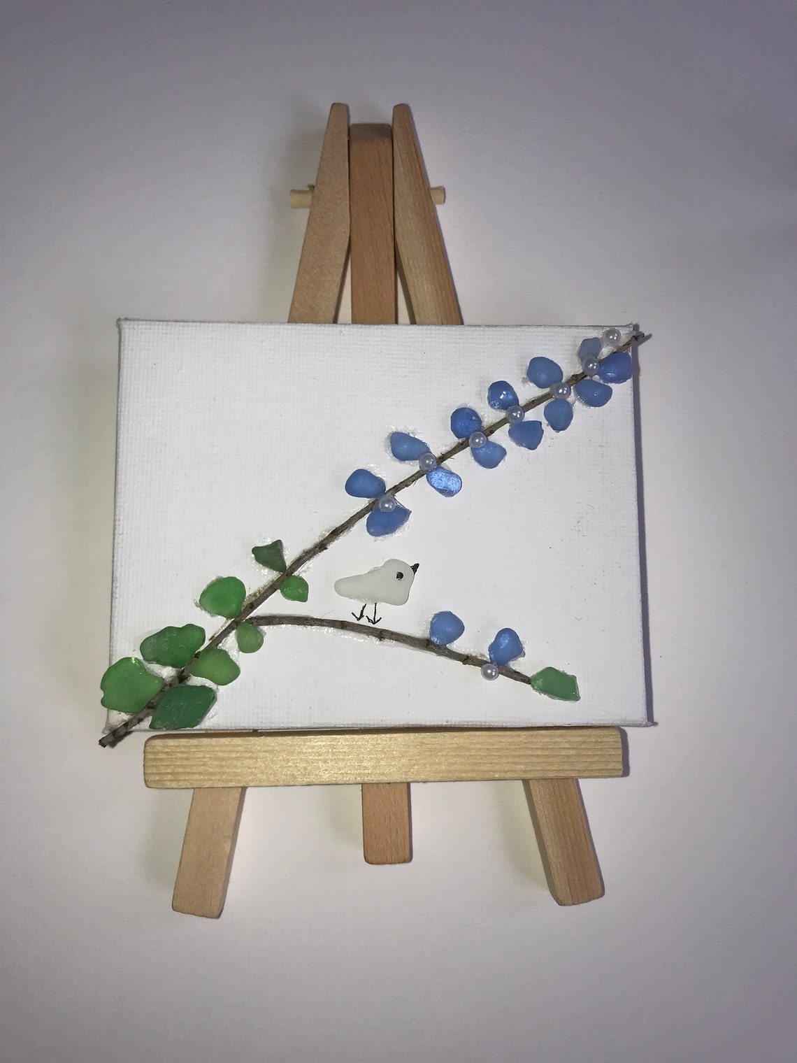 Mini Canvas on Easel Seaglass Blossom Branch and Bird Etsy