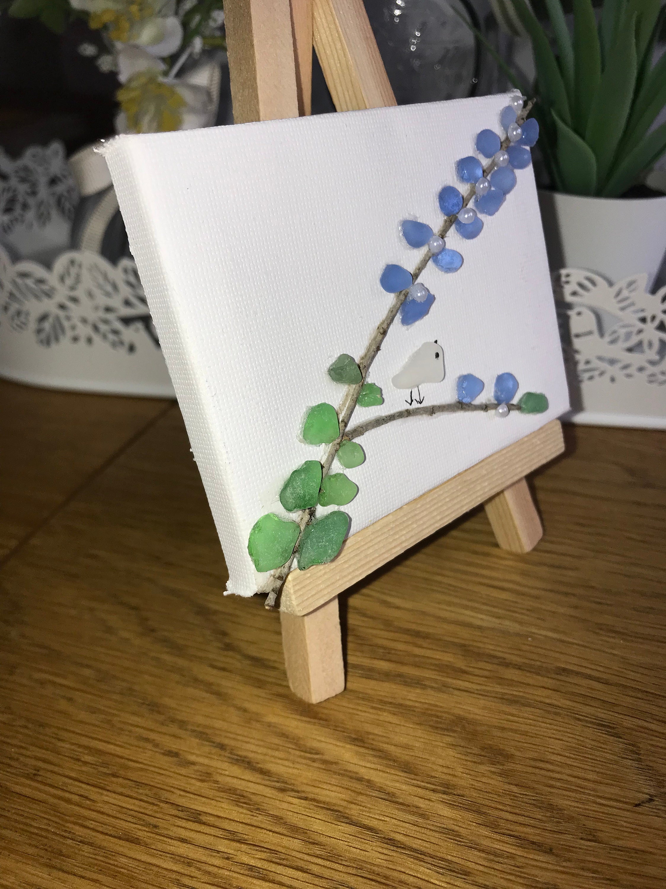Mini Canvas on Easel Seaglass Blossom Branch and Bird Etsy