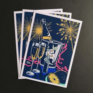 Tarjeta, postal, ilustración, bengala, fuegos artificiales, fiesta, celebración, Nochevieja, Feliz Año Nuevo, vino espumoso, champán, brindis, ChinChin